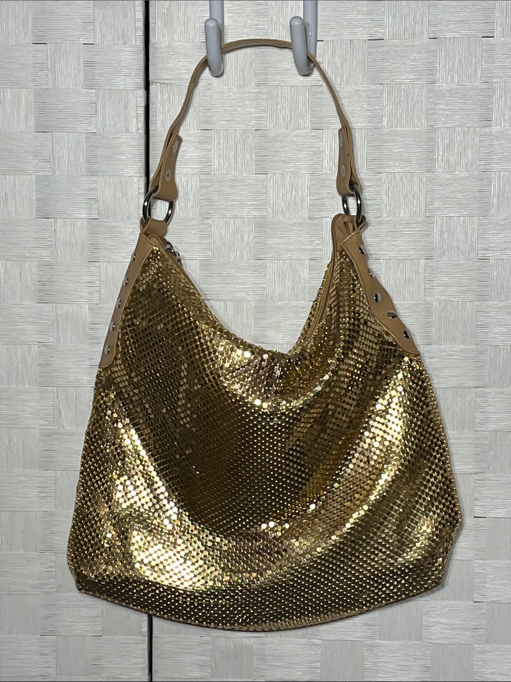 Source Unknown Gold Sequin Shoulder Bag with Tan Straps Beautiful Eye Catching